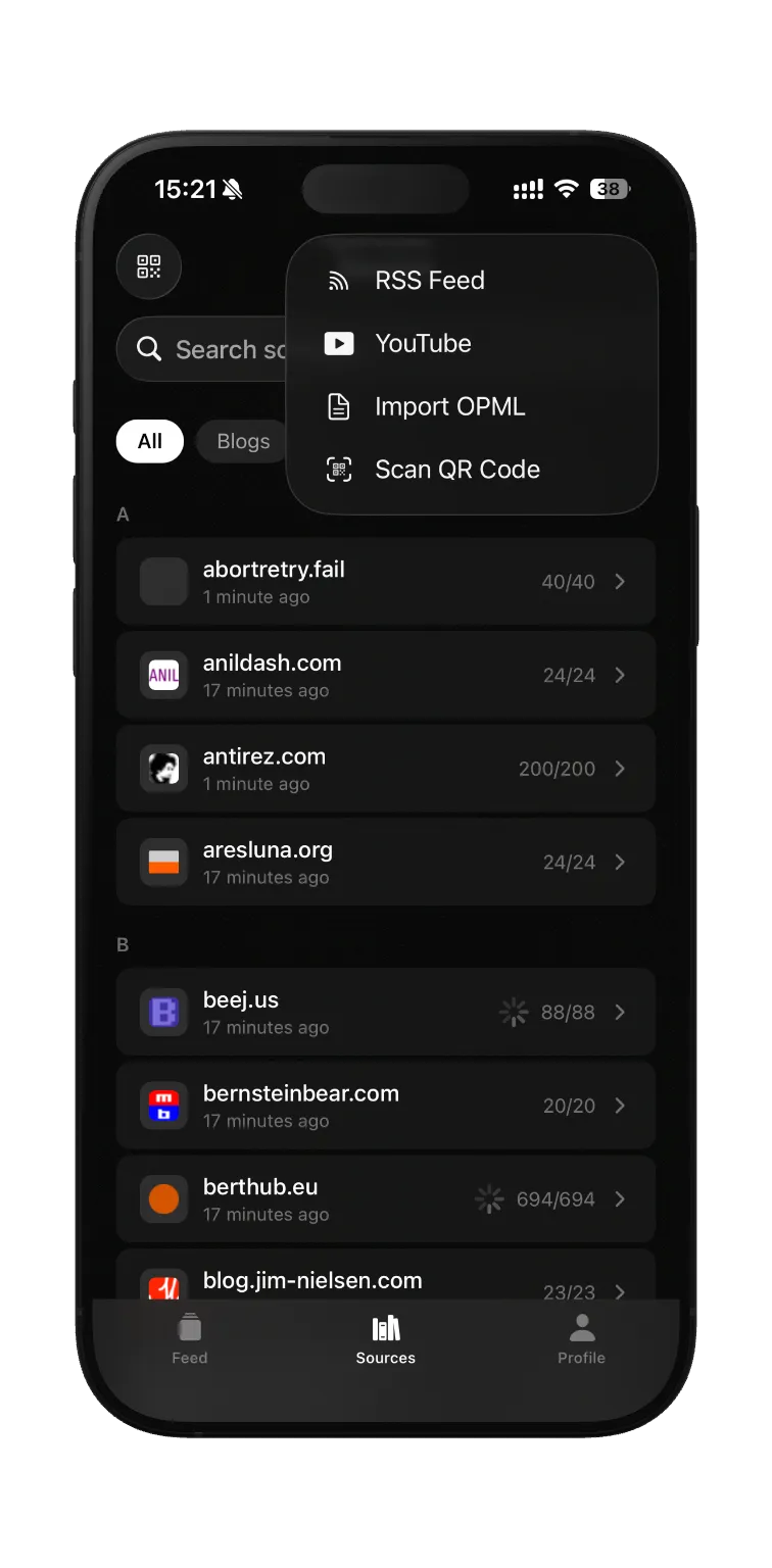 Add RSS, YouTube, OPML or scan a QR code to import