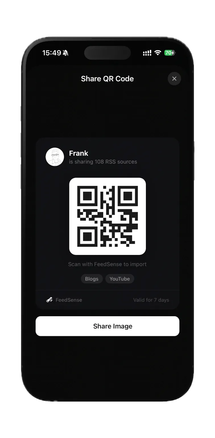Share your curated sources with friends via QR code